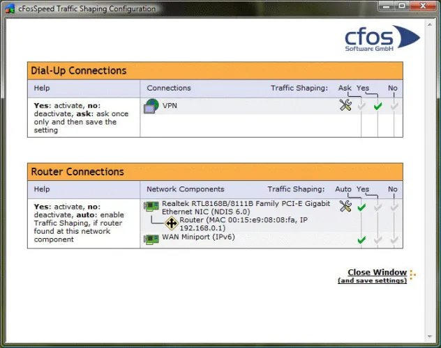 A cFos működése hálózati adapterenként is konfigurálható