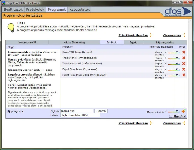 Programok prioritásbeállítása a cFosban